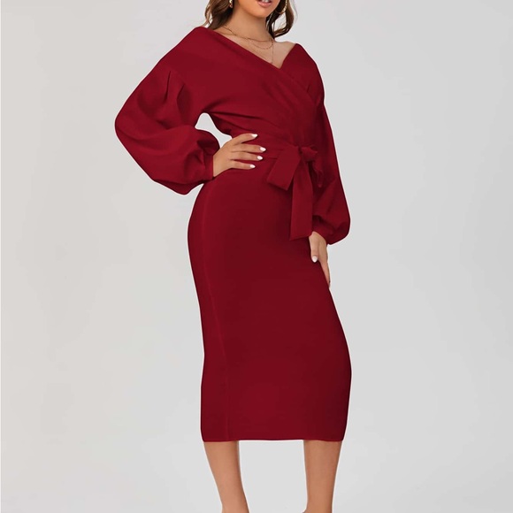 SHEIN Dresses & Skirts - SHEIN Burgundy Gorgeous Long Sleeve Wrap Dress Sz L